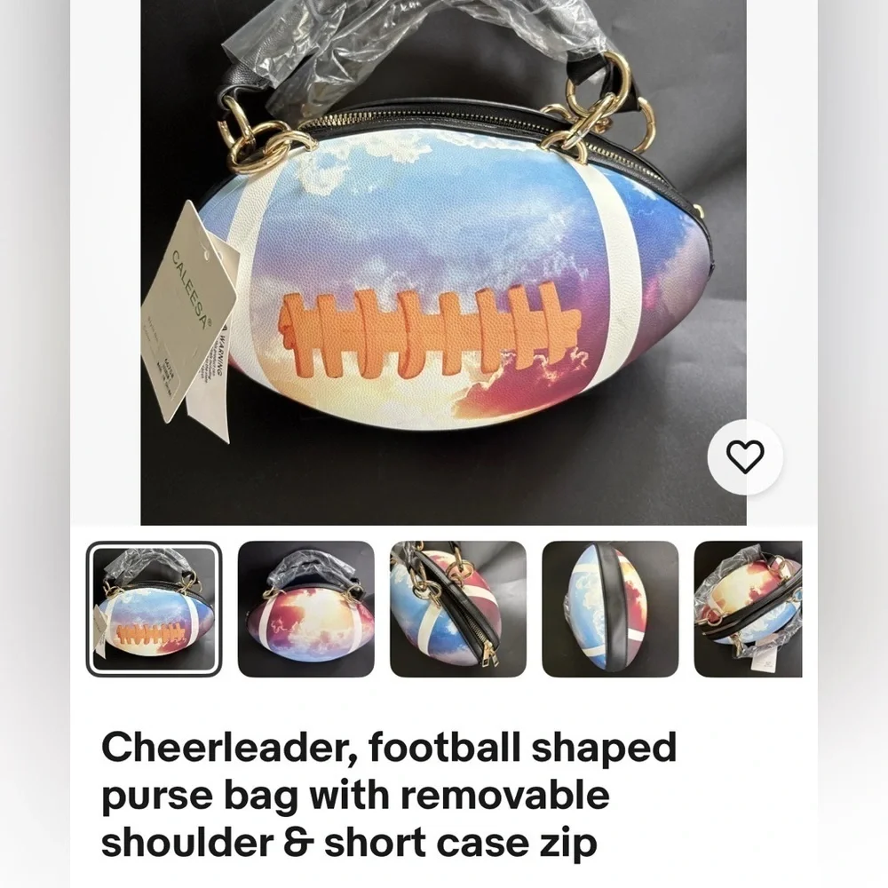 NWT-whimsical tie-dyed clouds  Pristine pebbled Rugby football purse gold chain